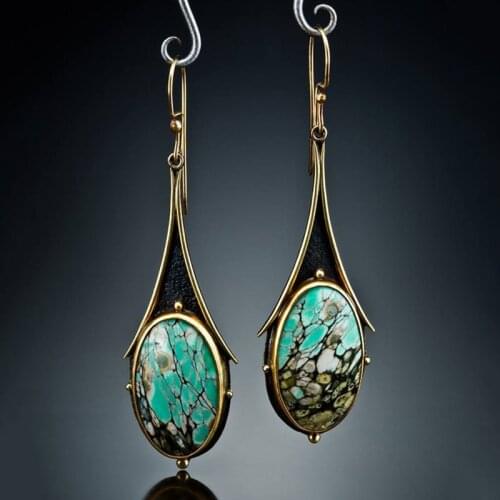 Indian Tribal Brass Dangle Earrings Printing Round Big Boho Resin Stone Long Drop Earrings For Women Vintage Jewelry O3D328