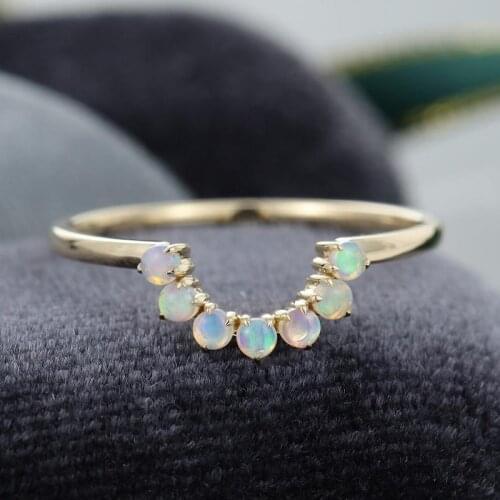 EDI Natural Opal Ring 14k Yellow Gold Seven Stone Curved Wedding Band Stacking Matching Bridal Promise Anniversary Ring Gift