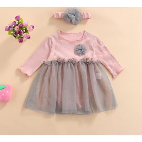 Baby Girls Romper and Headdress, Round Collar Long Sleeve Ruffled Hem Bodysuit, Pink/ White