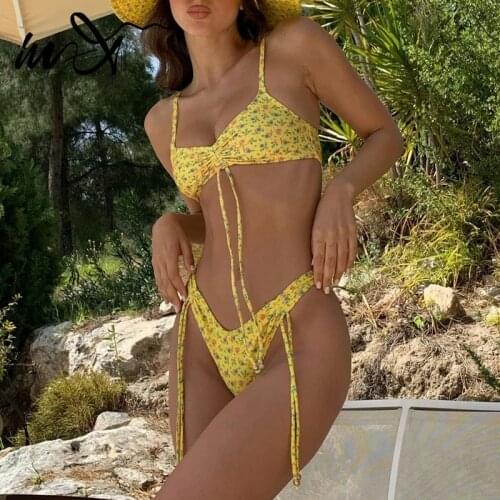 In-X Bandeau swimwear female Floral print bikini 2021 Drawstring swimsuit womens swimming suit High cut bathing suit Brazilian