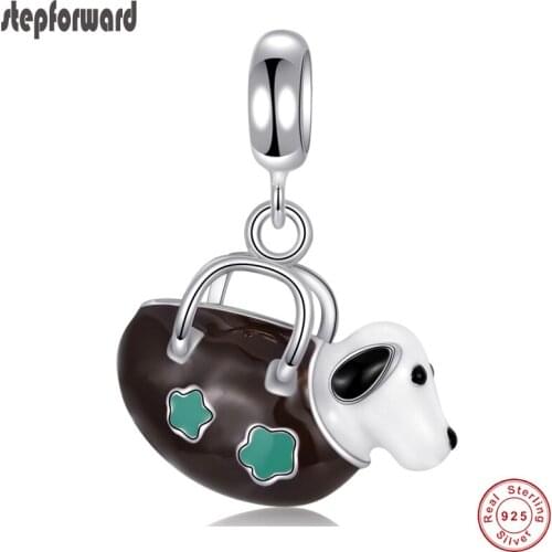 Trendy Good Quality Enamel 925 Sterling Silver Dog Women Handbag Charm For Bracelet Bangle Necklace Authentic Jewelry