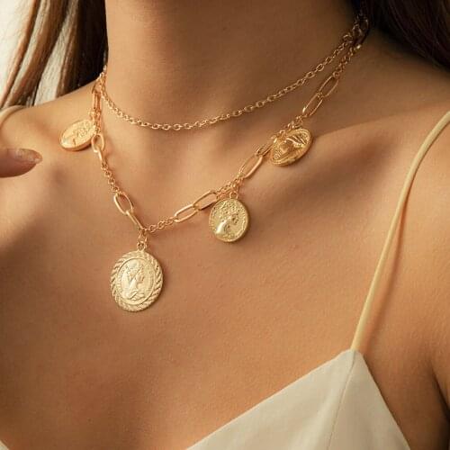 Fashion Punk Geometric Coin Portrait Pendant Necklace Womens Charm Creative Necklace Jewelry Gift Wholesale 2021