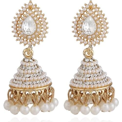 Fashion New Gold Color Clear Rhinestone White Pearl Beads Pendant Earrings.for Women Girls Wedding Party Jewelry