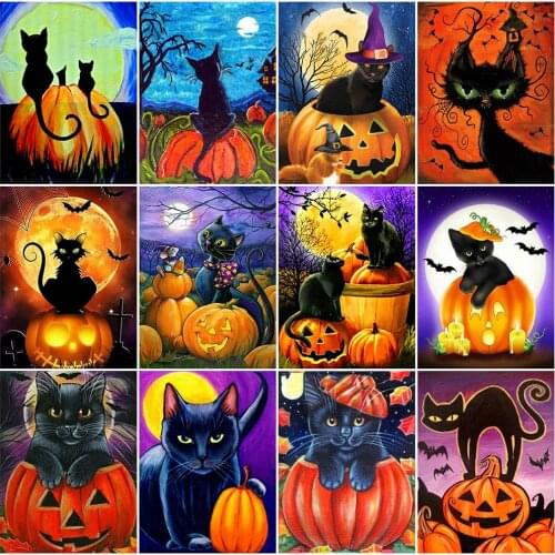 MomoArt 5D Diamond Painting Halloween New Arrival Diamond Embroidery Pumpkin Full Square Round Mosaic Cat Needlework Home Decor