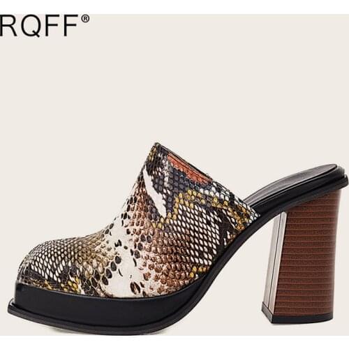 Mules Women Slippers Plus Big Size 44 45 46 47 48 Slides Platform Shoes Sexy Snake Super High Block Heels Square Toe Green Brown