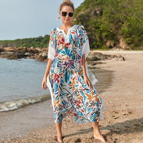 Bikini Cover-ups Bohemian Print Summer Dress Beach Tunic Women Beachwear Kaftan Swimsuit Cover Up