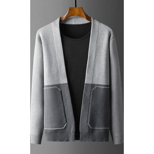 2021 New Mens Cardigan Long Sleeve Outer Wear Sweater Youth V-neck Color Matching Sweater without Buckle