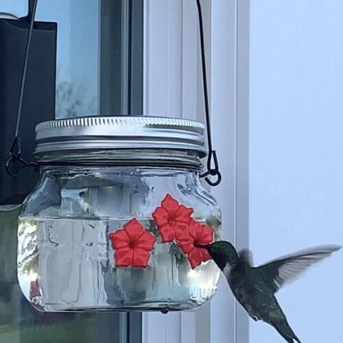 Plastic Red Flowers Hanging Hummingbird Feeder Birds Food Water Feeding Automatic Bird Supplies With Metal Handle