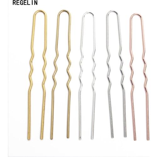 REGELIN 70mm*1.2mm Raw Brass Rose Gold Color Hair Sticks U shape Hair Pins Blank Base Setting For Women Jewelry Bulks 50pcs/lot