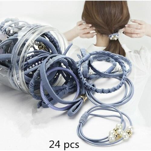24 Pcs/box Pearl Rubber Elastic Hair Accessories Set Ribbon Bowknot Hair Ropes Korean Style Hair band for Women Girls Hair Ties