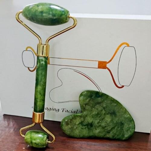 Face Massager Roller Natural Jade Stone Guasha Board Scraper Set Double Head Face Lift Body Skin Relaxation Slimming Lose Weight