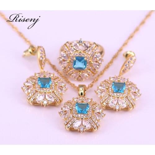 Rose Gold Square Costume Jwely For Women Sky Blue Zircon Bridal Jewelry Stud Earrings Adjustable Ring Necklace Set Free Shipping