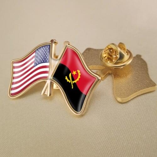 United States of America and Angola Crossed Double Friendship Flags Lapel Pins Brooch Badges