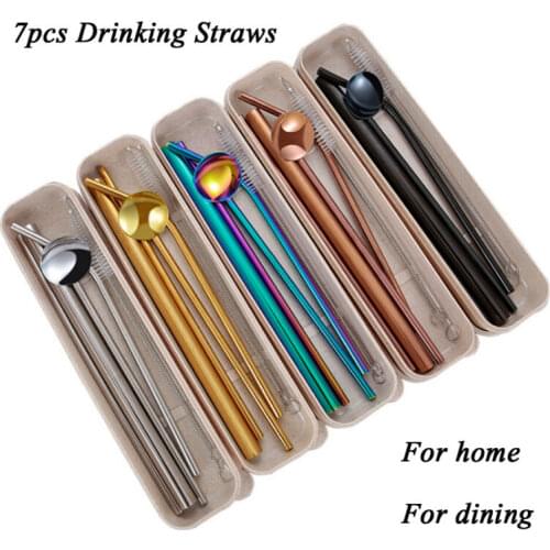 Colorful Home 7pcs Stainless Steel Thick Fine Drinking Straws Spoon Brush Kits