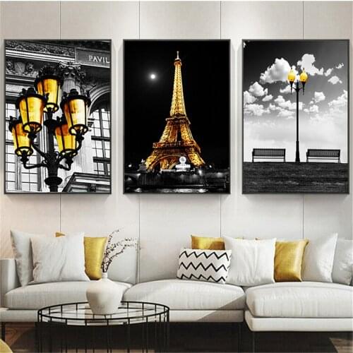 Modern Landscape Canvas Painting Print Yellow Tower Streetlight Tram Wall Art Picture Triple Black And White Posters Home Decor