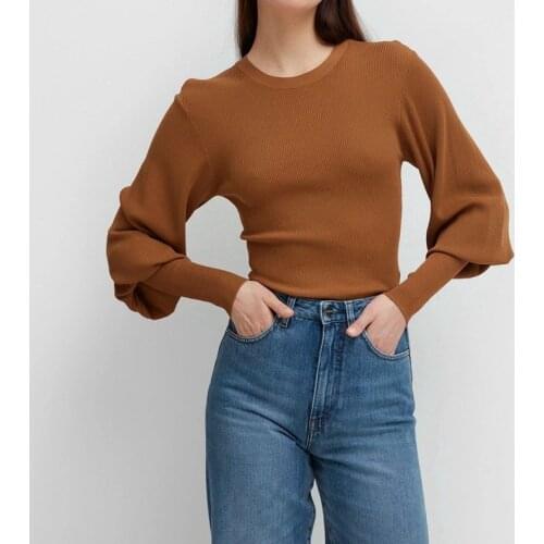 Vignola puff Sleeve Retro Sweater O Neck Sweater Slim thin Solid color casual women tops