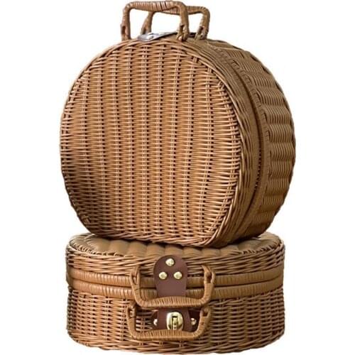 Vintage Suitcase Rattan Storage Box Large Capacity Round Handmade Rattan Box Woven Multifunctional Storage Cases Wicker Basket
