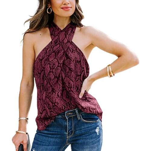 Women Blouse Sleeveless Off Shoulder Snakeskin Pattern Halter Loose Vest Tanks Top for Summer tops for women fashion party xxxl