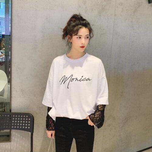 Female T-Shirt Womens Wear Loose Letter Lace Long Sleeve Tops Fake Two Fashion News Popular Korean White Black Patchwork