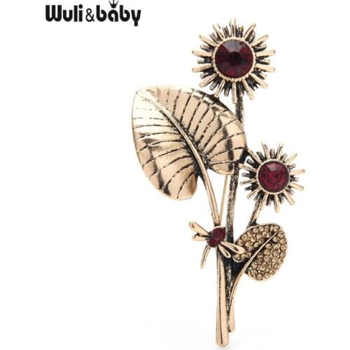 Wuli&baby Vintage Sunflower Brooches For Women Unisex Rhinestone Dragonfly and Flower Office Casual Brooch Pins Gifts