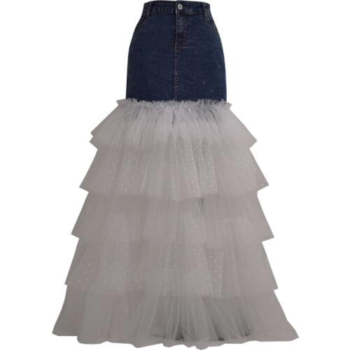 Fashion summer vintage mesh stitching denim skirt women high waist package hip ball gown layered skirt