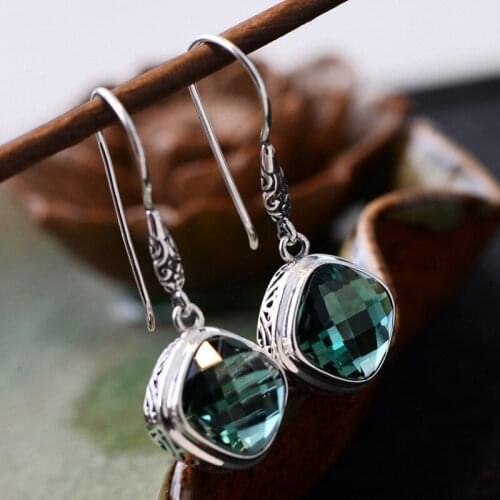 2020 new real s925 pure silver earrings for women Thai silver personality Green crystal ear hooks long fashion women earrings