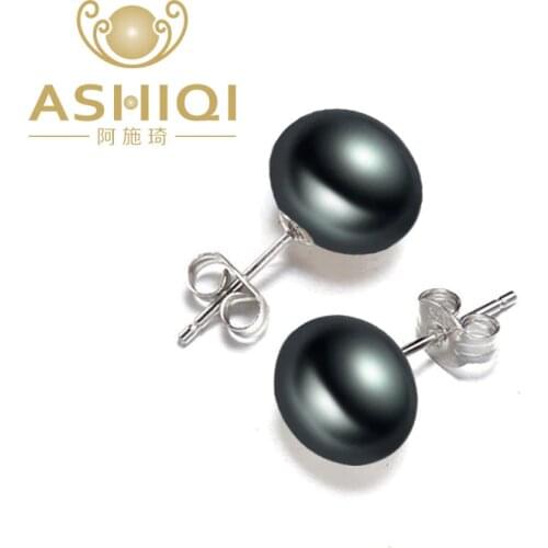 ASHIQI Vintage Black Natural Freshwater Pearl Stud Earrings Real 925 Sterling Silver earrings For Women fashion Jewelry 2019