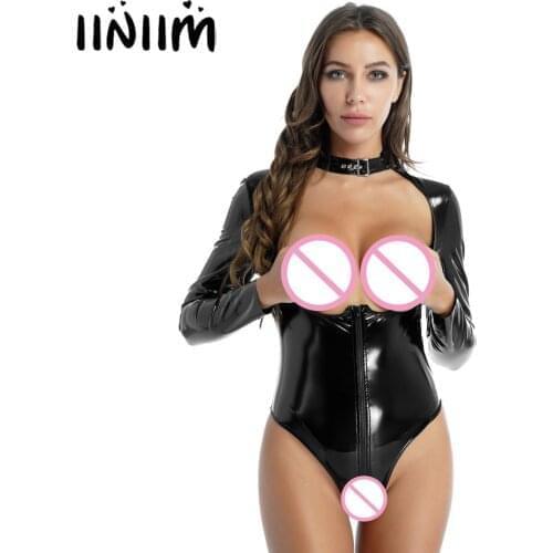 Women Wet Look Shiny Patent Leather Leotard Bodysuit Open Nipples Lingerie Zipper Crotch Jumpsuit Long Sleeve Sexy Clubwear
