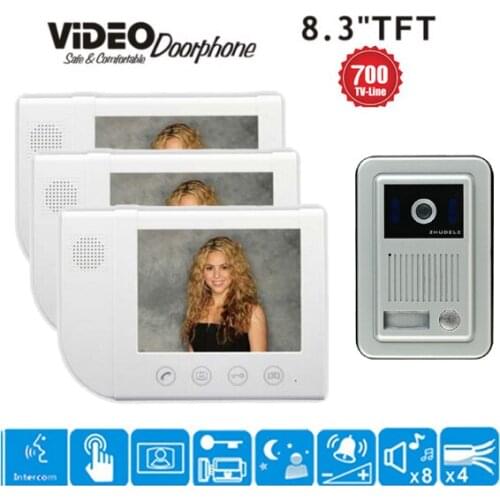 ZHUDELE 1Camera+3Monitors Luxury 8.3" video door phone home security intercom system doorbell 700 TVL HD camera waterproof cover