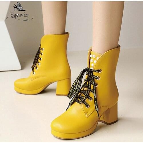 Sgesvier Yellow Blue Cross-tied Womens Motorcycle Boots Platform Chunky Heels With Pearl Design Winter Ankle Boots Small Size 32