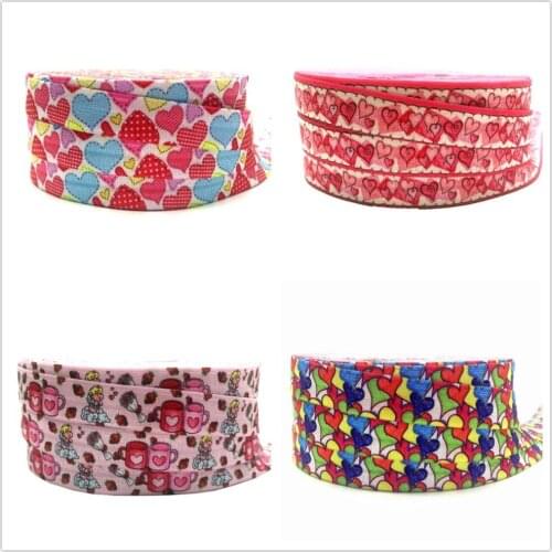5 Yards 16mm Valentines Day Colorful Hearts Printed fold over elastic bands DIY Crafts Apparel Accessories decoration