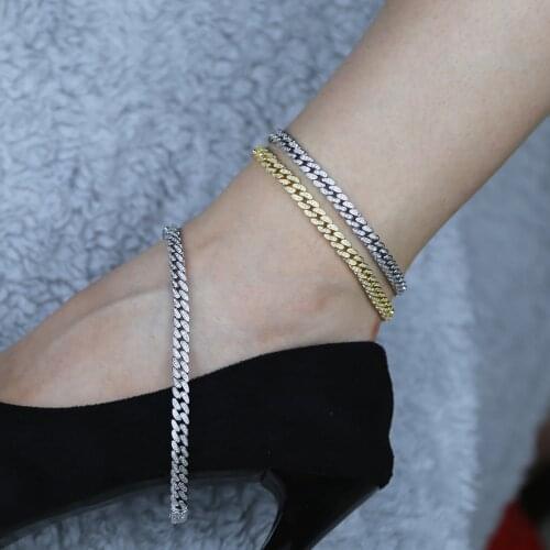 6.5mm Width Iced Out Bling Cubic Zirconia Cuban Chain Anklet For Women Girls Hiphop Summer Beach Thin Foot Chain Anklet 9" 10"