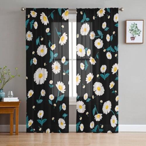 Daisy Flower Black Sheer Curtains for Living Room Bedroom Kitchen Tulle for Windows Voile Drapes Home Decoration