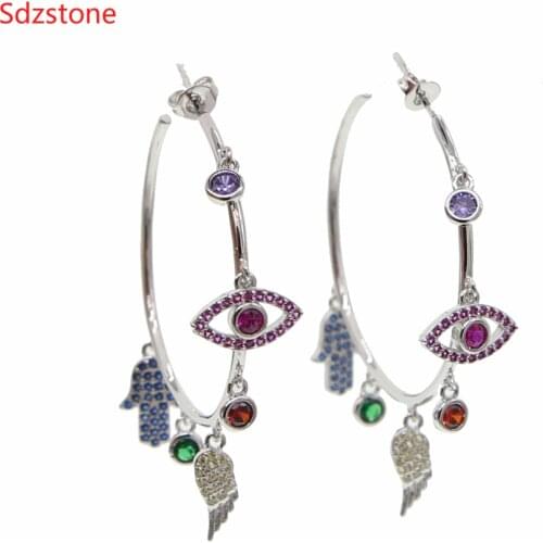 Indian Korean 40mm Hamsa Wing Eye Charm Hoop Earrings For Women Blue Eye Lucky Turkish Earring Cubic Zircon Fashion Jewelry 2019