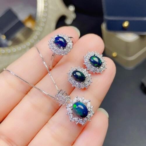 Dazzling Opal Jewelry Set 100% Natural Opal Ring Drop Earrings and Necklace Pendant Set Solid Sterling Silver Jewelry