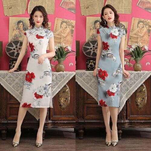 Summer Long Print Double Cheongsam Retro-Improved Cheongsam Chinese Style Dress Cheongsam Beautiful Long Qipao Natural Real