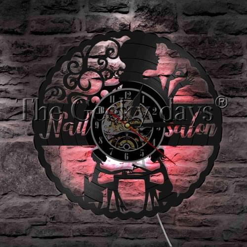 Nail Salon Manicure Glamour Woman Sign LED Light Vinyl Record Wall Clock Beauty Salon Wall Watch Art Decor LED Lighting