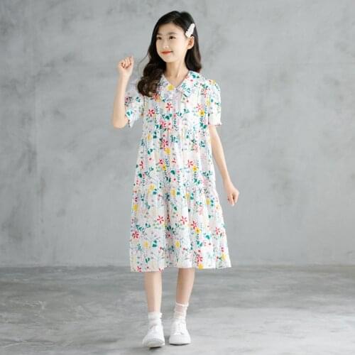 100% Cotton Teenage Floral Pattern Dress Summer 2021 New Little Girls Clothes Dress Mid Long Korean Baby Clothing Kids Cute