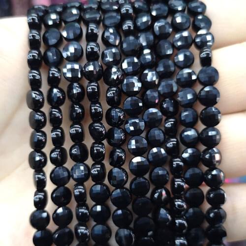 Natural Faceted Flat Black Agate Round Gemstone Spacer Beads For Jewelry Making DIY Bracelet Handmade Accessories Charms 6MM