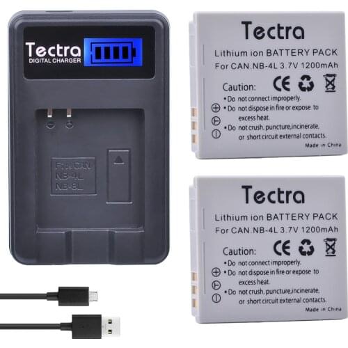 Tectra 2Pcs NB-4L NB4L Bateria + LCD USB Charger for Canon PowerShot SD40 SD30 SD200 SD300 SD400 SD450 SD600 SD1400 ELPH 300 HS
