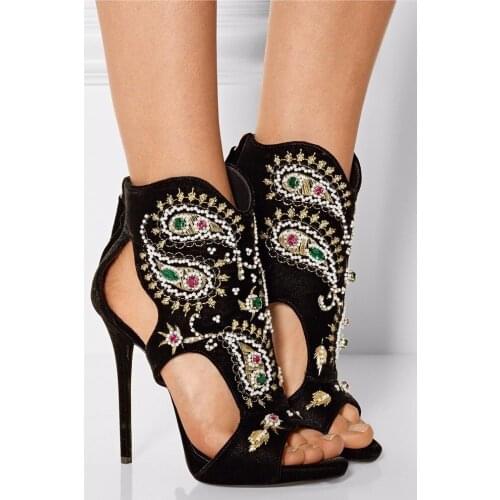 Exquisite Multi-color Embroidered Sewed High Heel Sandals Retro Stylish Colorized Floral Bling Bling Crystal Pumps Pearl Shoes