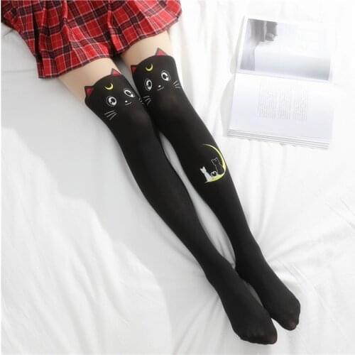 Japanese Lolita Socks Cute Fake Thight High Stitching Pantyhose Women Stockings Moon Cat Girl Fake High Tube Socks Anime kawaii