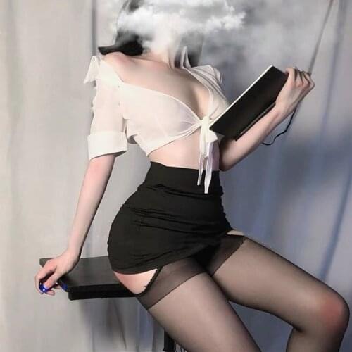 Women Erotic Office Uniform Teacher Sexy Cosplay Costume White Top And Skirt Entice Set Hot Perspective Role Play Outfit