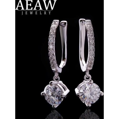 AEAW Solid 14k White Gold 5mm 0.5ct Total1.3ctw Round Cut Bridal Dangle Moissanite Drop Earrings For Women