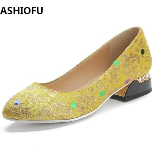 ASHIOFU Factory Sale Handmade Womens Low Heel Pumps Crystal Wedding Party Prom Dress Shoes Fashion Evening Court Shoes