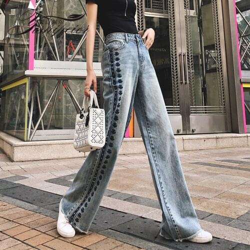 Women Vintage embroidery cotton Harem Pants Jeans Denim Trousers female fashion longer high waist was thinr Denim Pants wq1786