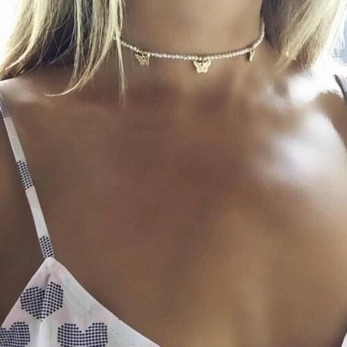 Bohemia lovely butterfly neckline for women gold silver clavicle chain pearl necklace 2020 women fashion jewelry