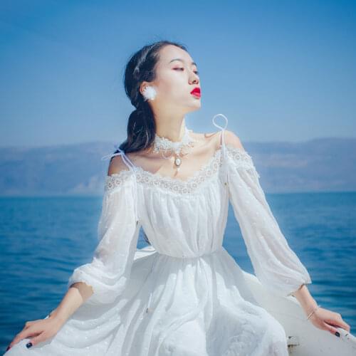 2019 Fashion Women Elegant Vintage Lace Chiffon White Dress Sexy Slash Neck Casual Bohemia Beach Summer Sundress Vestidos Y361
