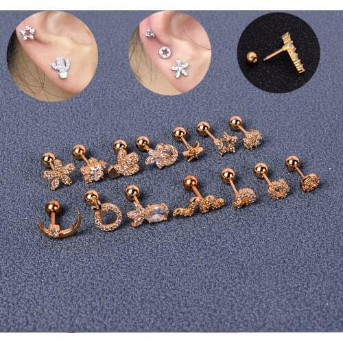 1pcs Cz Flower Star Stud Earrings For Women Fruits Snowflake Ear Bone Tragus Rook Conch Helix Piercing Cartilage Labret Jewelry