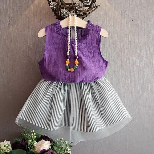 2019 children Girls summer fashion sleeveless lace cotton Vest + Black striped cotton mesh skirt clothing set 3-8 years